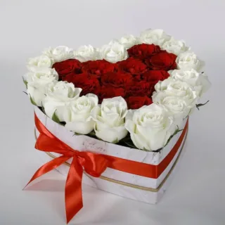 Red & White roses in Heart shaped Box