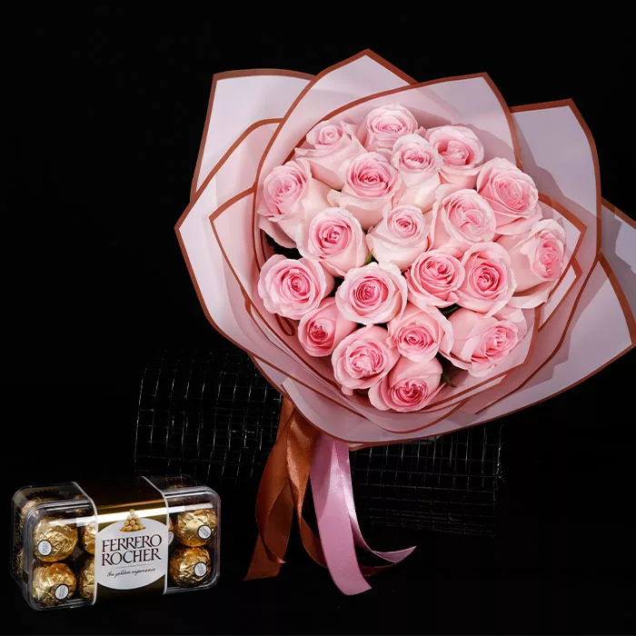 20 pink roses with 16pcs ferrero jpg