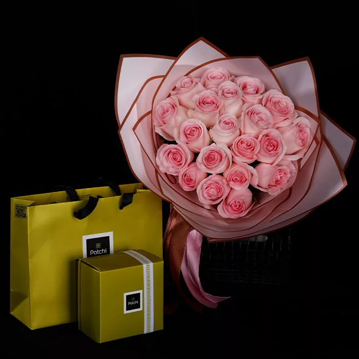 20 pink roses with patchi 250 grams jpg