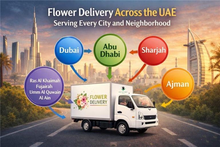 Black Tulip Flowers Delivery Truck delivering to major cities like Dubai, Abu Dhabi, Sharjah and Ajman mentioned
