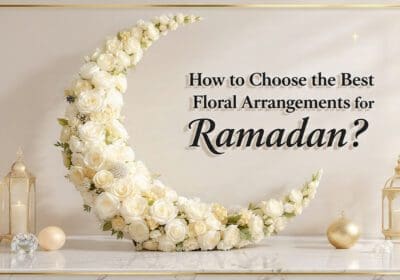 Luxury Ramadan floral arrangement with white roses and pastel flowers symbolizing peace and spirituality in Dubai