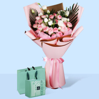 spray rose bouwuet with patchi chocolates