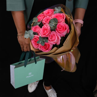 pink flower bouquet and patchi chocolate