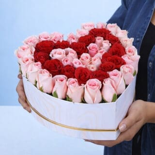 A woman holds a heart-shaped box filled with vibrant roses, symbolizing love and affection, titled Precious Heart In A Box.