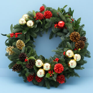 A beautifully decorated wreath with green ferns and shimmering gold and red ornaments, celebrating the spirit of Christmas.
