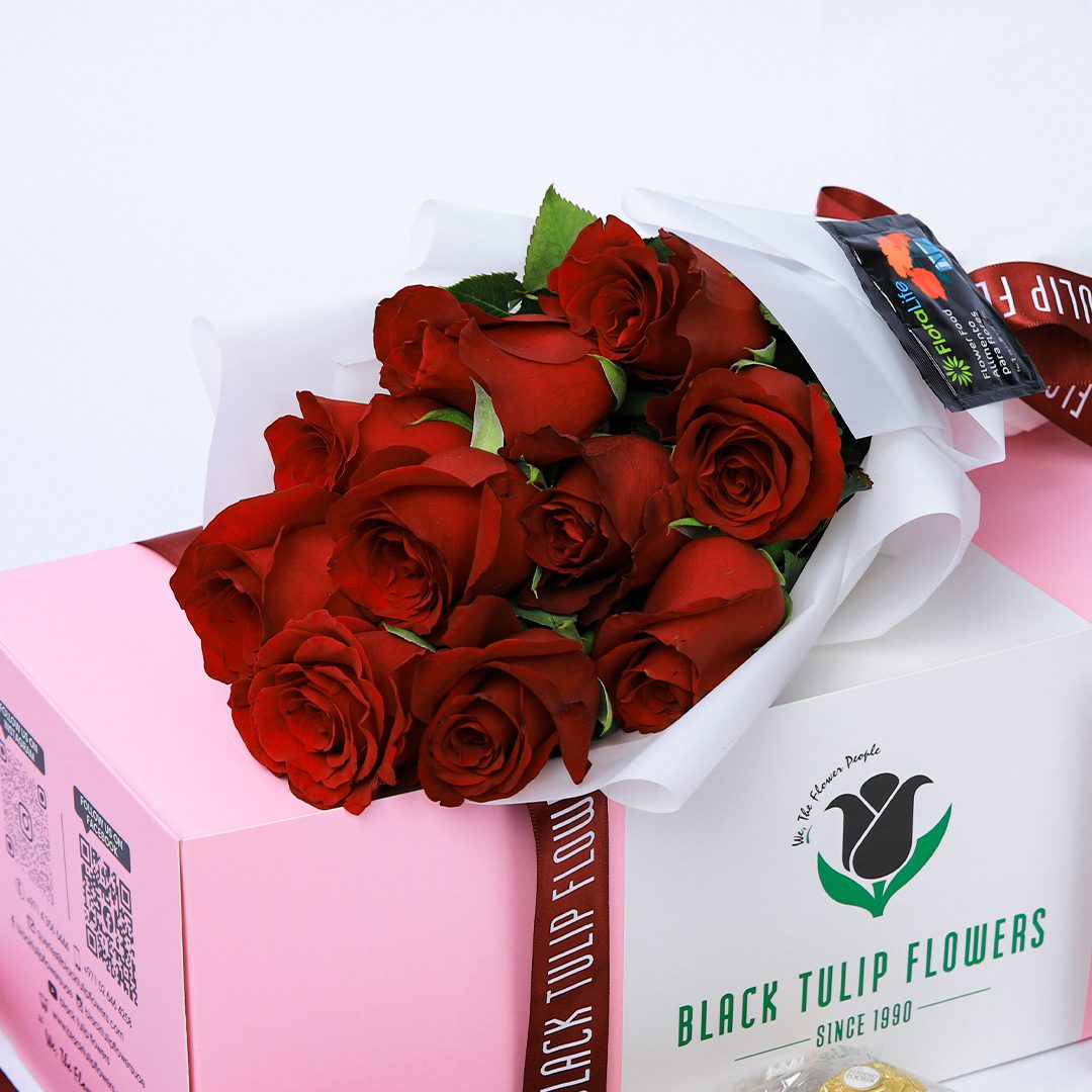 Cutie Red Surprise flower box with Red Rose Bouquet, Ferrero Chocolate and Greeting Card.