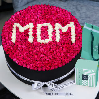 Roun Flower Box Mom Letter Arrangement with patchi chocolate