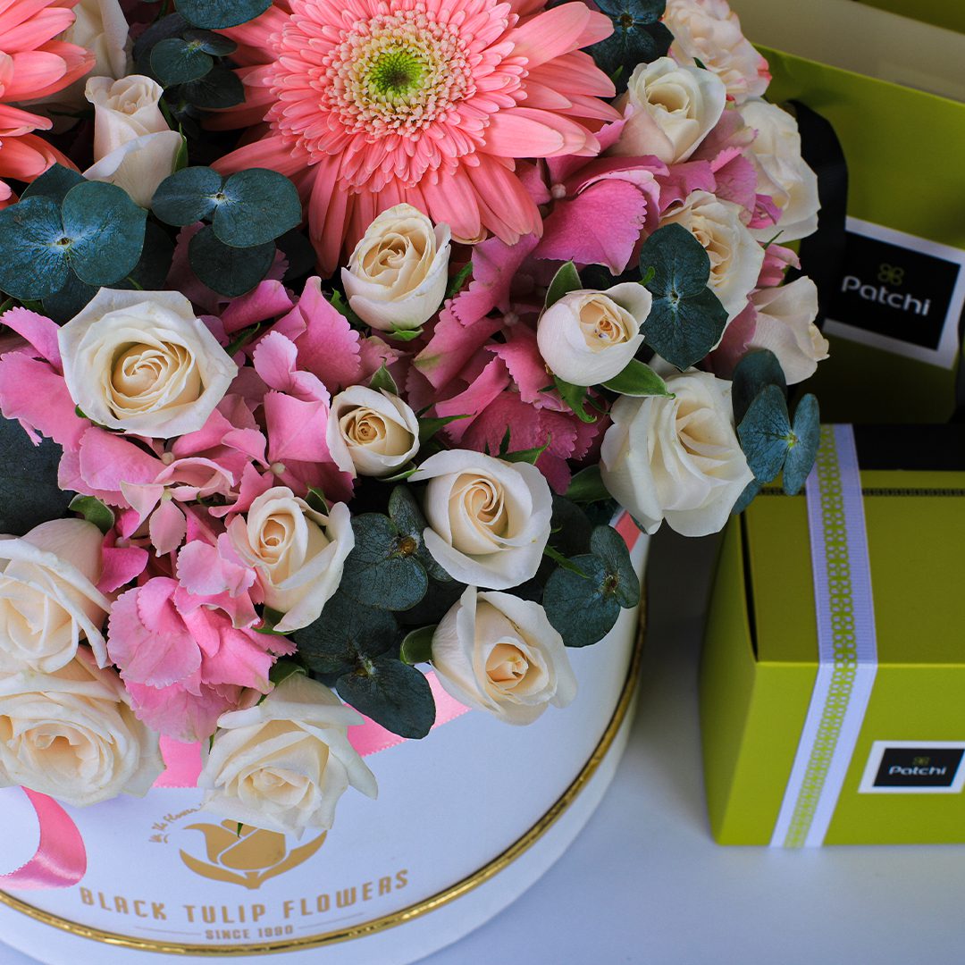 Nostalgic Pink with Patchi Chocolate by Black Tulip Flowers