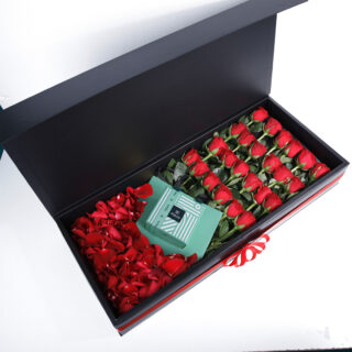 red rose with grand box patchi chocolate delivery in UAE