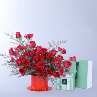 Red Rose Box of flowers with patchi chocolate