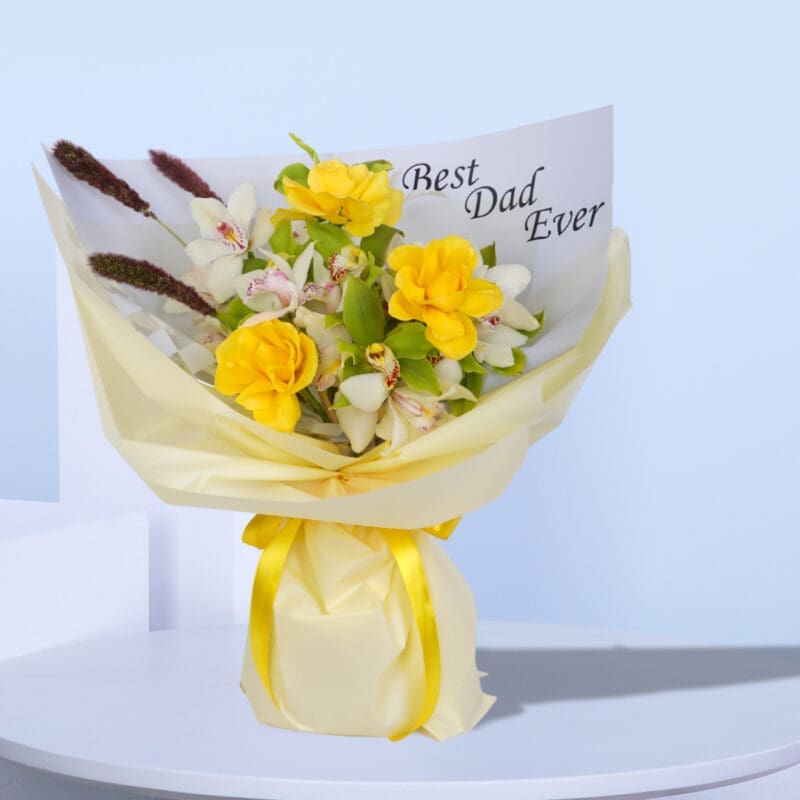 1 (19) A bright bouquet of yellow roses and white orchids with a "Best Dad Ever" card.
