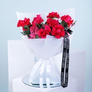 Beautiful bouquet of 10 pink roses, 4 hydrangeas, and wax pink wrapped in a white sheet and ribbon.