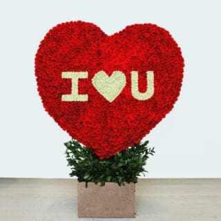 Red Rose Heart Arrangement With a letters I LOVE YOU in white