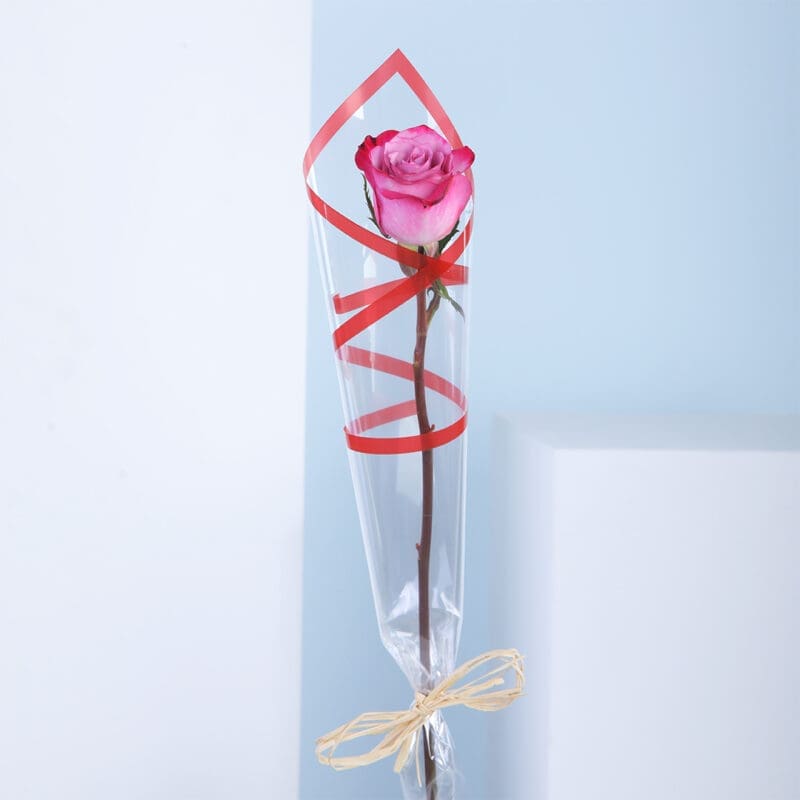 01 A single pink rose wrapped in cellophane with a white ribbon.