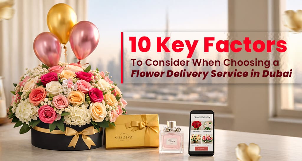 Flowers and gifts on table with mobile for online flower ordering with a dubai skyline in the background