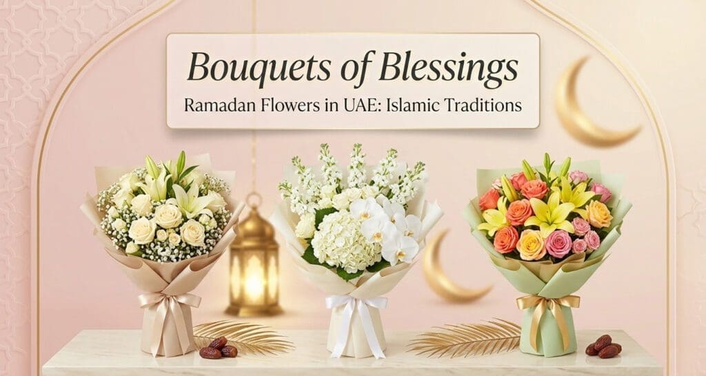 Luxury Ramadan flower bouquet in UAE with white roses, crescent moon decor, and elegant Islamic lanterns symbolizing blessings and tradition.
