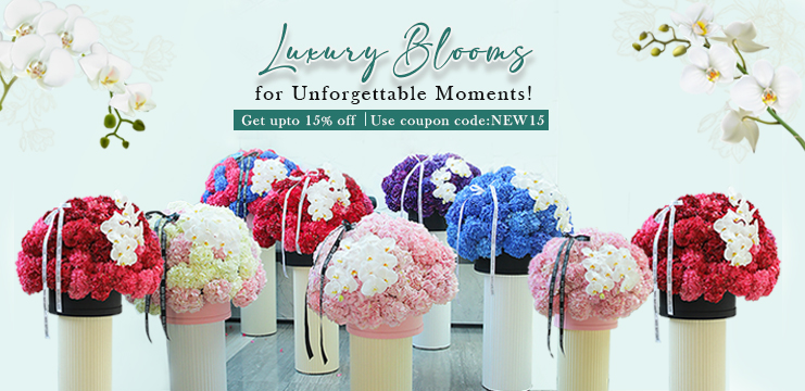 luxury flower boxes of Hydrangea and orchids with 15% off coupon code NEW15