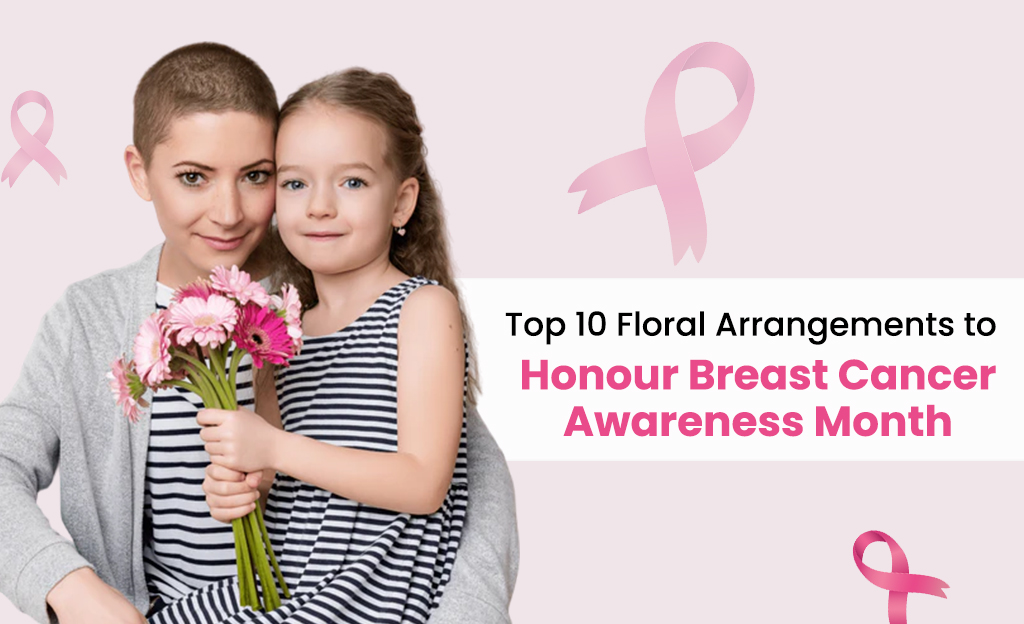Top 10 Floral Arrangements to Honour Breast Cancer Awareness Month 1 A small, colorful bouquet of flowers being given to a woman as a gift, symbolizing her survival of breast cancer.
