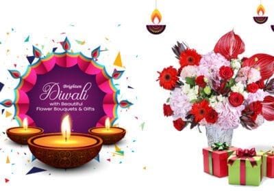 A Diwali-themed image featuring colorful diyas, a vibrant flower bouquet, and gift boxes. The text "Brighten Diwali with Beautiful Flower Bouquets & Gifts" is also included.