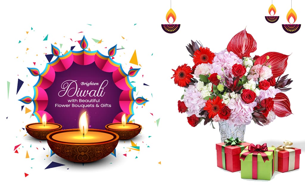 A Diwali-themed image featuring colorful diyas, a vibrant flower bouquet, and gift boxes. The text "Brighten Diwali with Beautiful Flower Bouquets & Gifts" is also included.