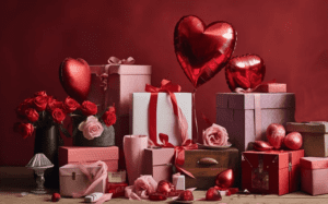 A Valentine's Day scene with various gifts, including wrapped boxes, balloons, a bouquet of roses, and other decorative items. The background is a deep red color