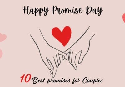 A graphic design with the text "Happy Promise Day" written in a stylish font. Two hands are holding a red heart in the center, symbolizing love and commitment. Small pink hearts are scattered around the image. The text "10 Best Promises for Couples" is written below the image.