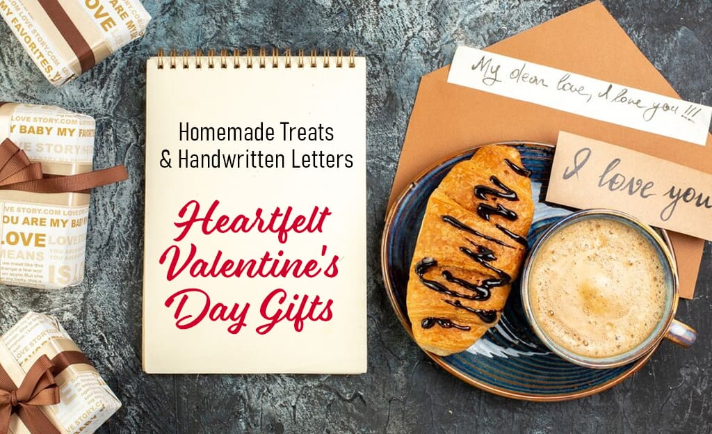 A Valentine's Day themed image featuring a notebook with the words "Homemade Treats & Handwritten Letters" and "Heartfelt Valentine's Day Gifts" written on it. Around the notebook, there are wrapped gifts, a cup of coffee, a croissant, and handwritten love notes.