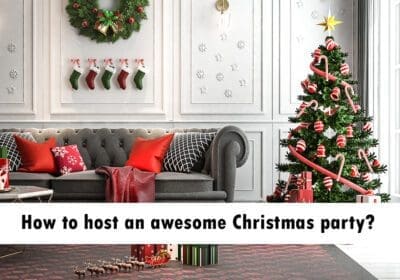 A beautifully decorated living room for Christmas. A large Christmas tree adorned with ornaments and lights stands in the corner. A cozy sofa with red and white pillows is placed in front of the tree. The room is decorated with Christmas wreaths, stockings, and other festive decorations. The text "How to host an awesome Christmas party?" is displayed at the bottom of the image.