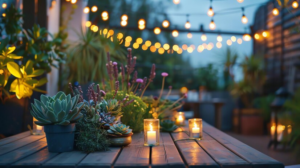 A table adorned with candles and plants, exemplifying the art of repurposing existing decor for a fresh aesthetic.