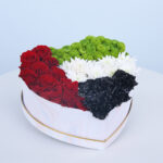 National Day Floral Tribute Box 1 UAE- flag-theme-flowers-white-heart-box