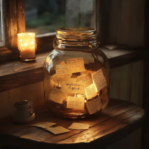 A decorative jar containing handwritten notes is placed on a table, accompanied by softly glowing candles for ambiance.