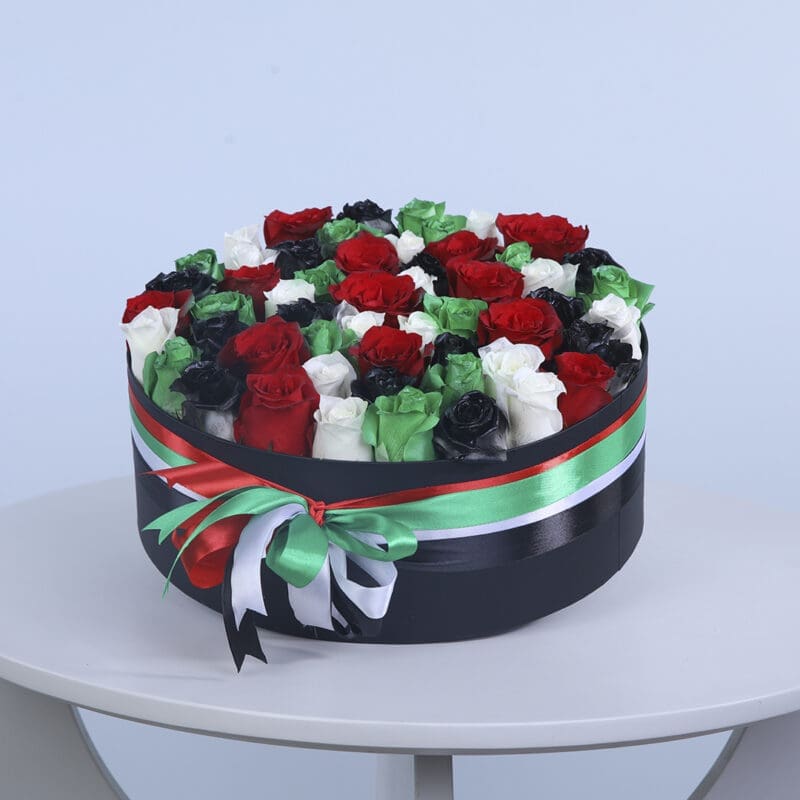 uae flag coloured roses black box tied ribbons