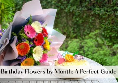 A colorful bouquet of flowers and a birthday cake on a table outdoors.