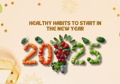 healthy habits for the new year. The numbers "2025" are formed using various fruits and vegetables, symbolizing healthy eating. There are also dumbbells and sneakers in the image, representing physical activity. The background has a festive feel with fireworks and stars.