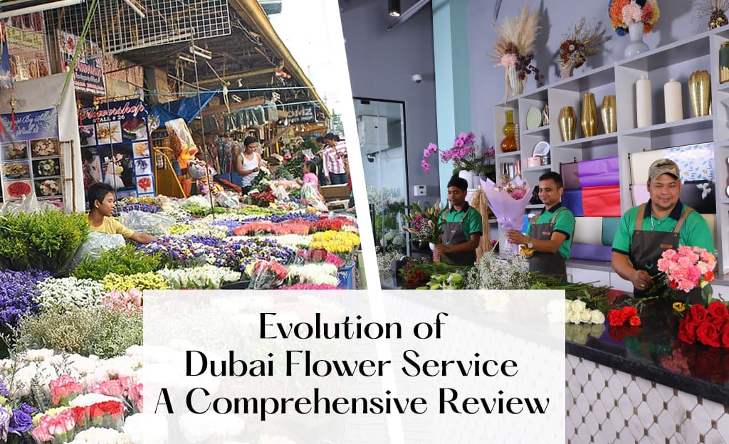 A graphic illustrating the evolution of Dubai Flower Service. The image shows a timeline with different stages of growth and development.