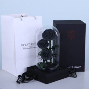 Three Black Forever Roses in a glass dome