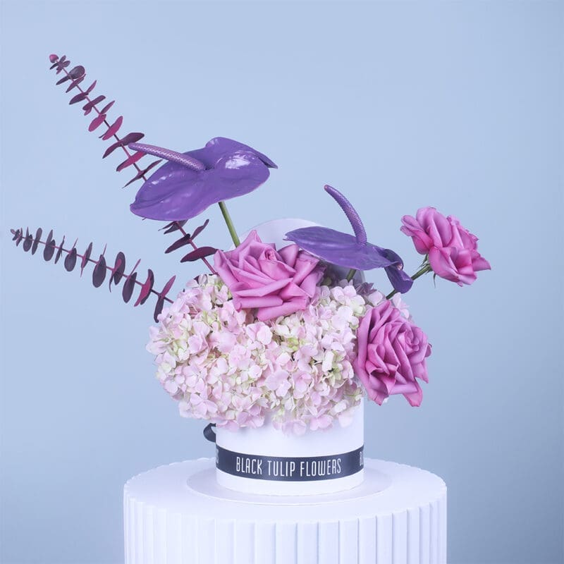 violet-elegance-floral-arrangement. Mother’s Day floral arrangement with purple anthuriums, pink roses, and hydrangeas in a chic white box.