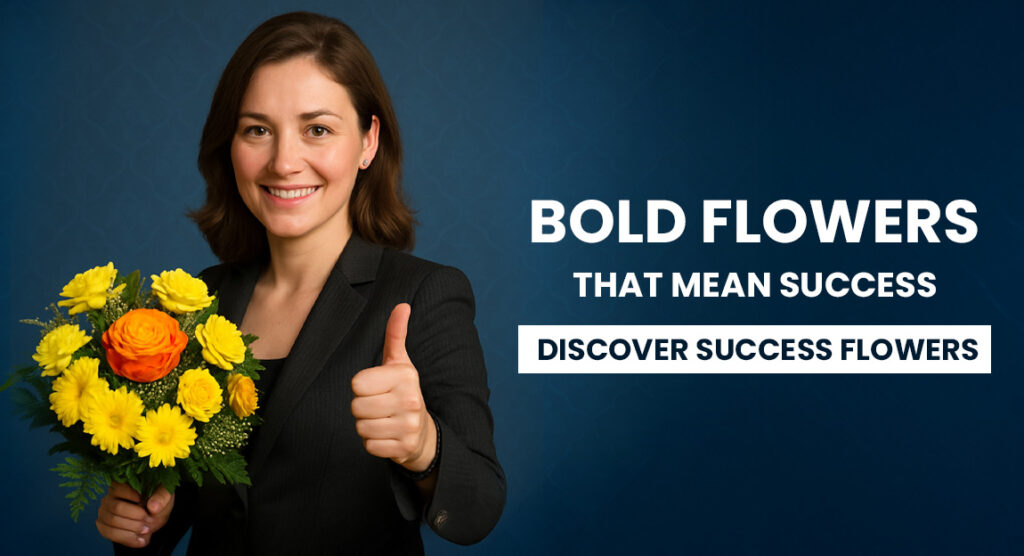 10 Bold Flowers That Mean Success - Discover Success Flowers 1 A successful working woman in suit showing thumbs up and holding a sunflower bouquet on the other hand