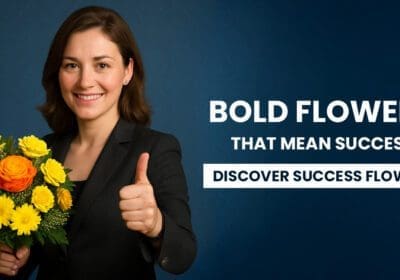 A successful working woman in suit showing thumbs up and holding a sunflower bouquet on the other hand