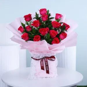 Celebrate your loved ones with a stunning bouquet of dark pink roses, symbolizing admiration, gratitude, and heartfelt appreciation. Order now for flower delivery in Dubai and make any occasion extra special! 15 stem Pink Rose, 10 stem Ruscus leaves