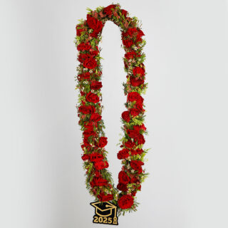 A long garland made of red spray roses and small red wax flowers, with a graduation cap charm displaying "2025" attached at the bottom.