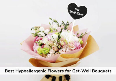 10 Best Hypoallergenic Flowers for Get-Well Bouquets 1 Soft pastel bouquet of roses, peonies, tulips, hydrangeas, and snapdragons wrapped in kraft paper, topped with a small “Get Well Soon” heart pick.