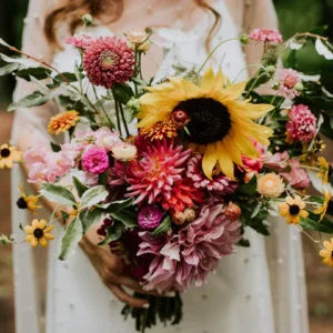 Sunflower Wedding Arrangement Bold Pink and Yellow Bridal Bouquet 480x480