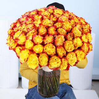 A large bouquet composed of 100 vibrant two-tone roses featuring petals from bright yellow or orange at the center to a rich red at the edges and tied with a natural-colored fiber.