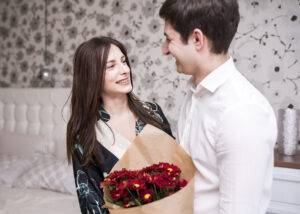 portrait happy couple home