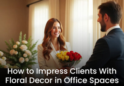 How to Impress Clients with Floral Décor in Office Spaces 1 Elegant floral arrangements in a modern office lobby creating a welcoming and professional ambiance to impress clients.