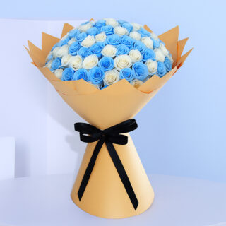 A large bouquet filled with alternating layers of vibrant blue roses and pure white roses, creating a striking two-tone effect in light brown wrap and tied with a black ribbon.