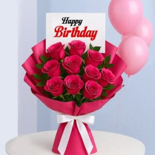 A bouquet of pink roses with a "Happy Birthday" card with three pink balloons in the background.
