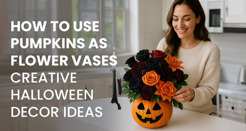 "Pumpkin flower vase filled with autumn blooms – a creative Halloween décor idea."