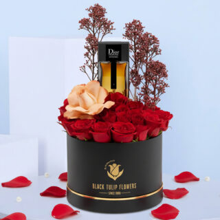 Dior Homme Intense flower box with red roses, peach rose, and modern woody-amber gifting arrangement, 100 ml perfume.